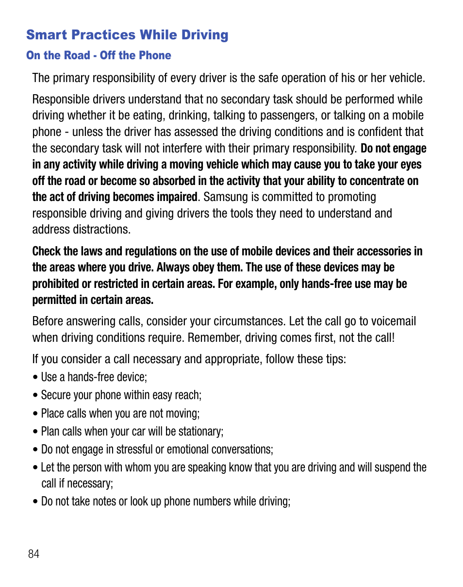 Smart practices while driving | Samsung SGH-T340ZKATFN User Manual | Page 88 / 105
