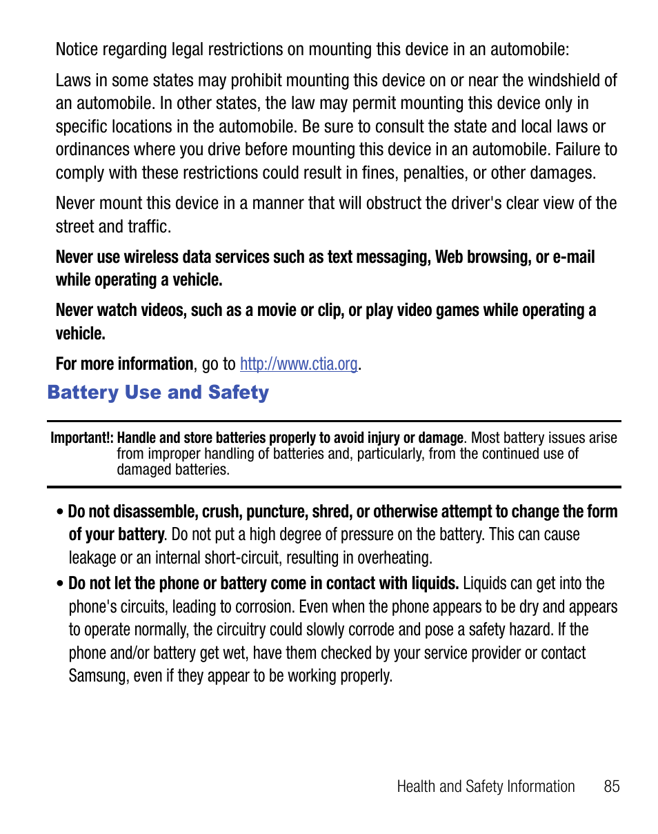 Battery use and safety | Samsung SGH-T340ZKATFN User Manual | Page 89 / 105