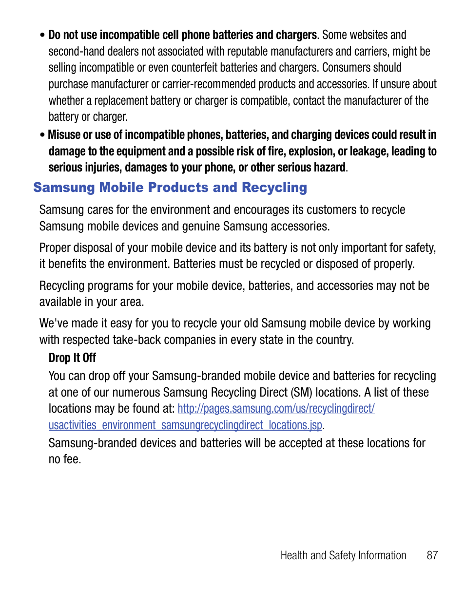 Samsung mobile products and recycling | Samsung SGH-T340ZKATFN User Manual | Page 91 / 105