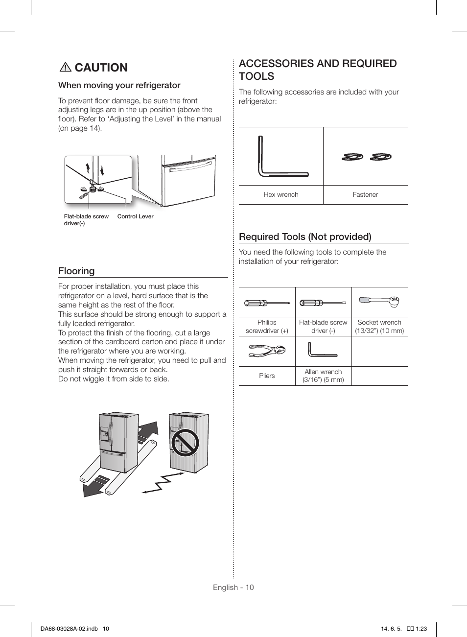 Caution, Accessories and required tools, Flooring | Required tools (not provided) | Samsung RF30HDEDTSR-AA User Manual | Page 10 / 124