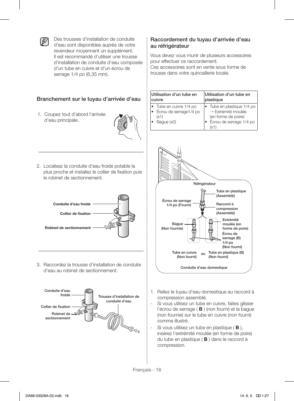 Branchement sur le tuyau d’arrivée d’eau | Samsung RF30HDEDTSR-AA User Manual | Page 100 / 124