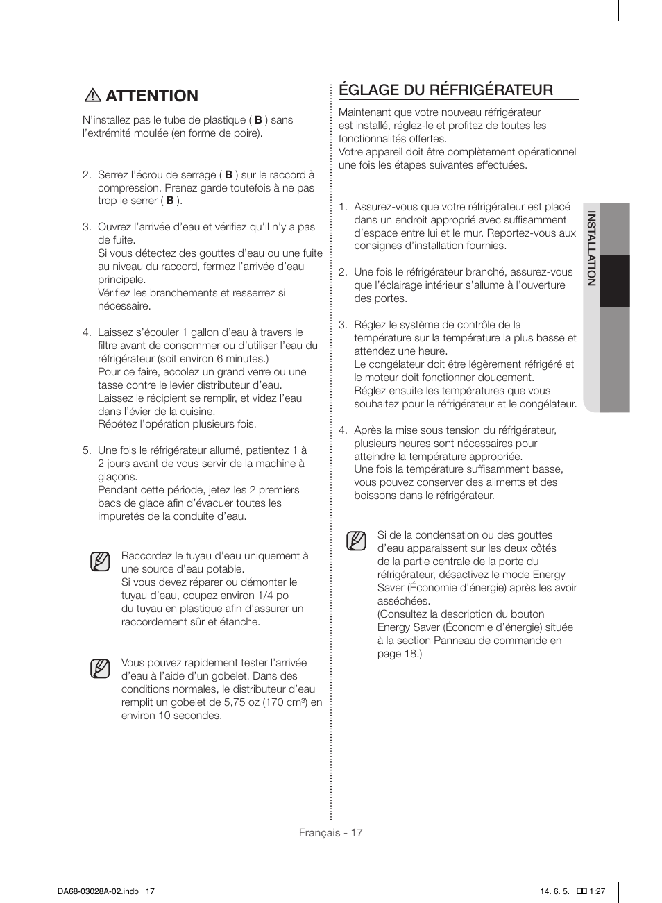 Attention, Églage du réfrigérateur | Samsung RF30HDEDTSR-AA User Manual | Page 101 / 124