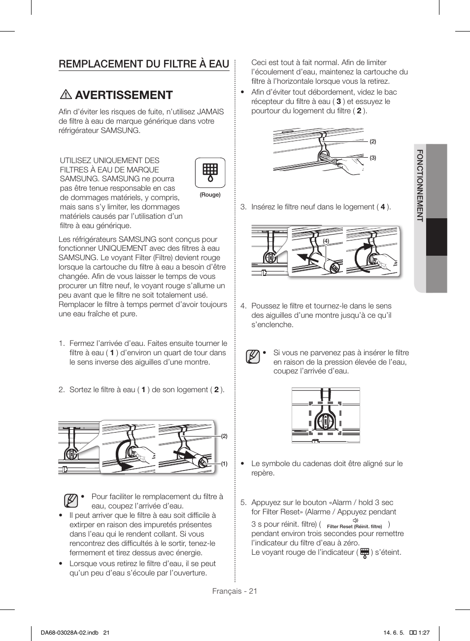 Avertissement, Remplacement du filtre à eau | Samsung RF30HDEDTSR-AA User Manual | Page 105 / 124