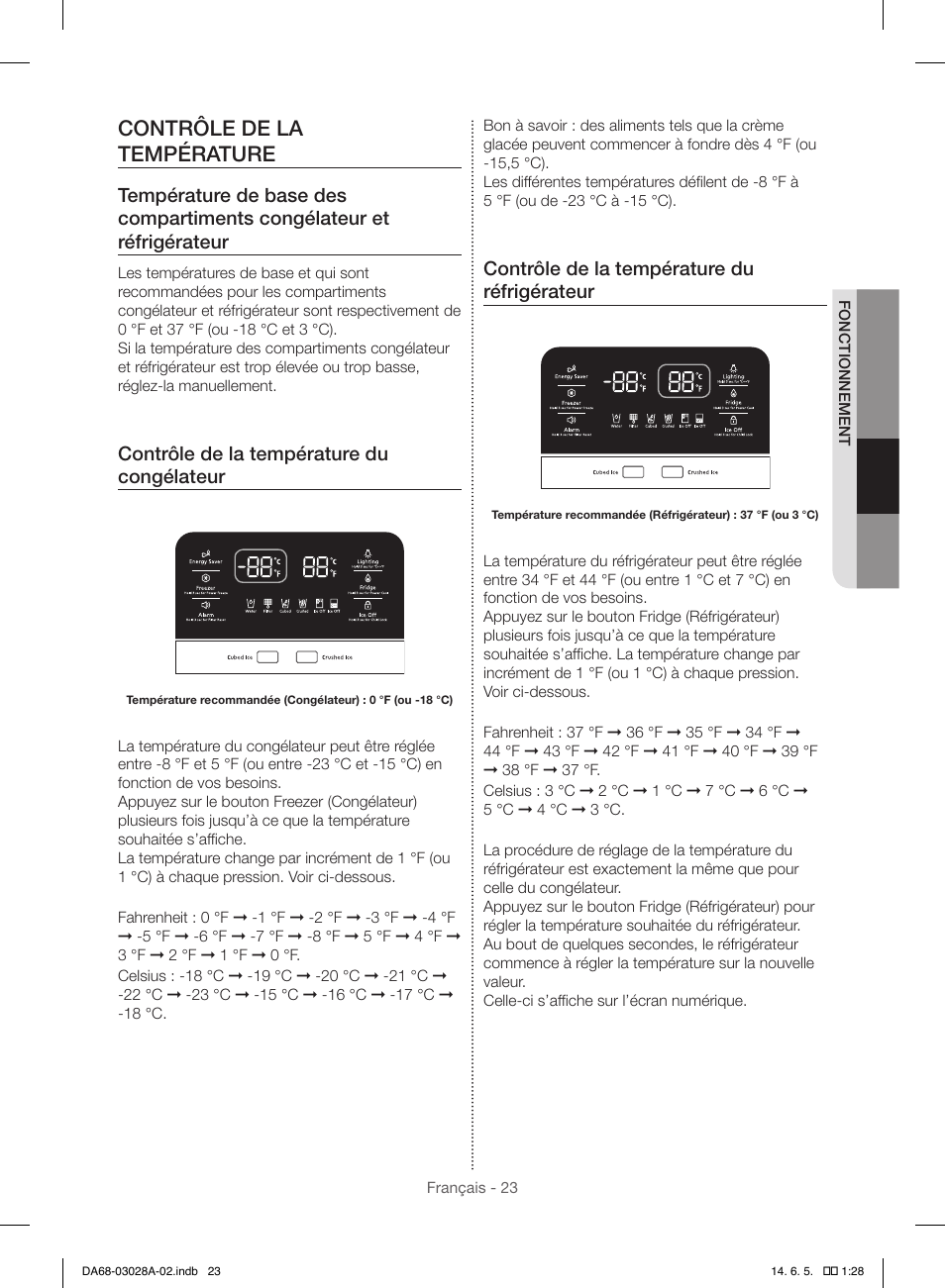 Contrôle de la température, Contrôle de la température du congélateur, Contrôle de la température du réfrigérateur | Samsung RF30HDEDTSR-AA User Manual | Page 107 / 124