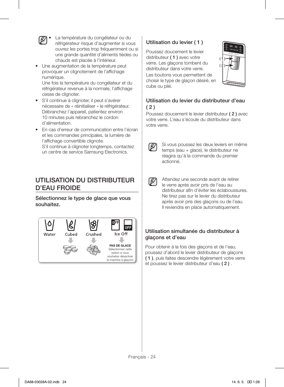 Utilisation du distributeur d’eau froide | Samsung RF30HDEDTSR-AA User Manual | Page 108 / 124