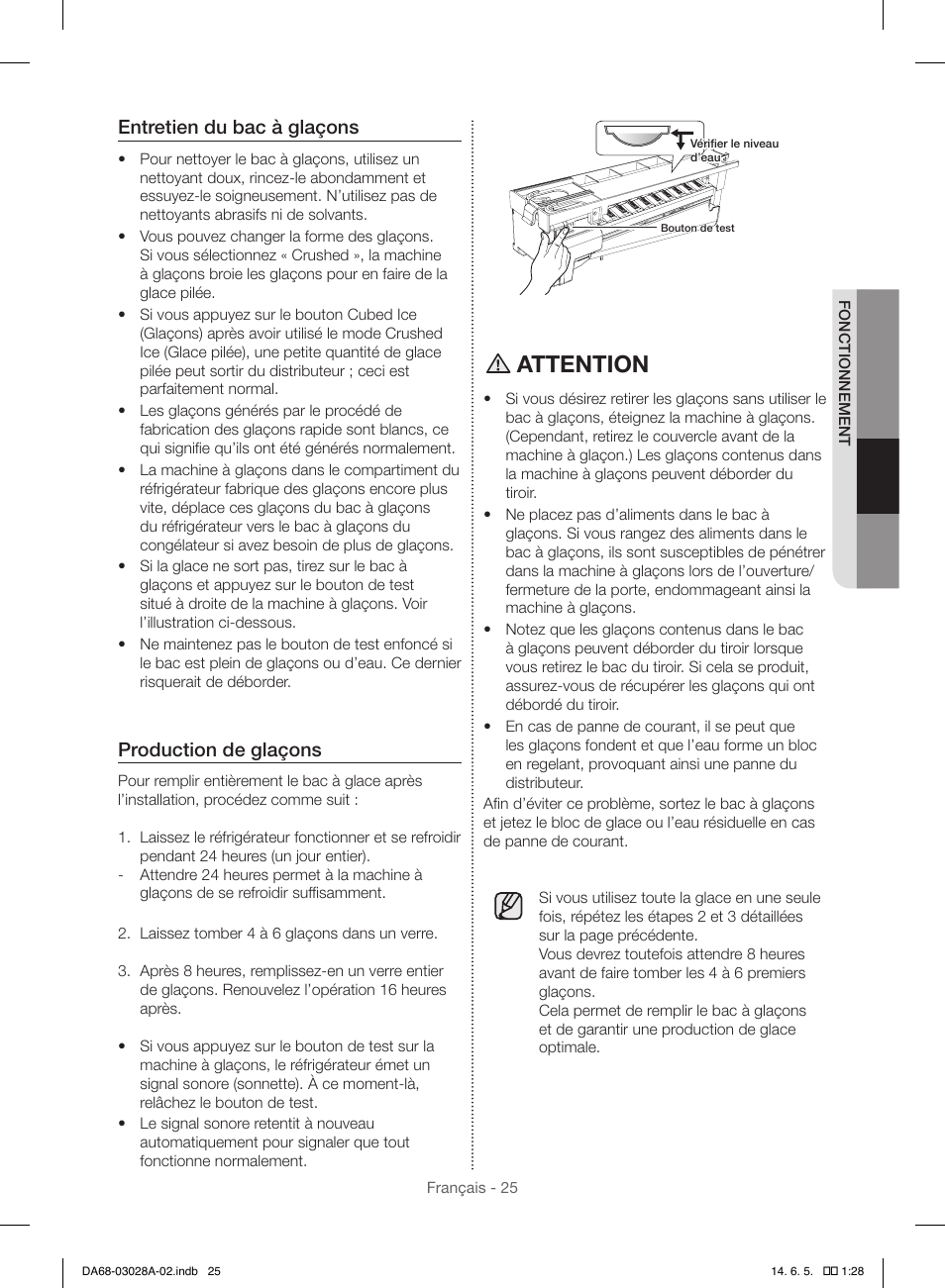 Attention, Entretien du bac à glaçons, Production de glaçons | Samsung RF30HDEDTSR-AA User Manual | Page 109 / 124