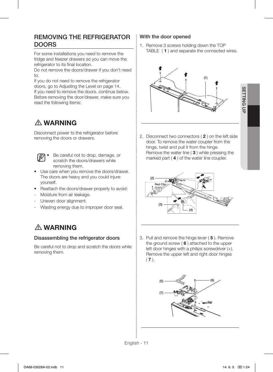 Warning, Removing the refrigerator doors | Samsung RF30HDEDTSR-AA User Manual | Page 11 / 124