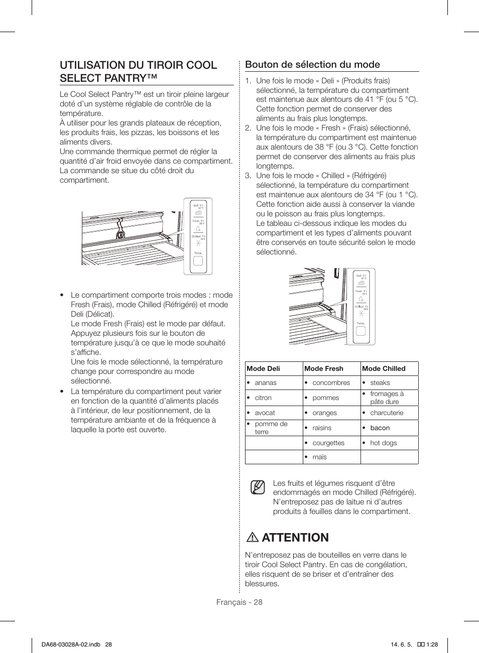 Attention, Utilisation du tiroir cool select pantry, Bouton de sélection du mode | Samsung RF30HDEDTSR-AA User Manual | Page 112 / 124