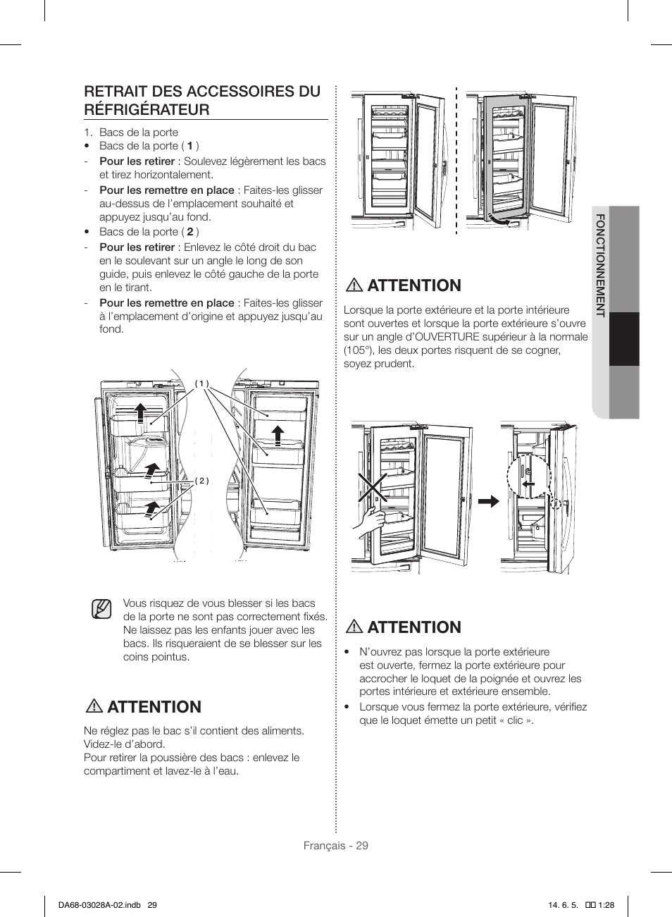 Attention, Retrait des accessoires du réfrigérateur | Samsung RF30HDEDTSR-AA User Manual | Page 113 / 124