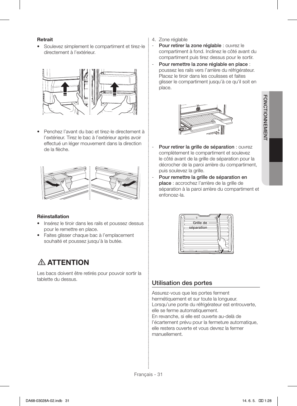 Attention, Utilisation des portes | Samsung RF30HDEDTSR-AA User Manual | Page 115 / 124