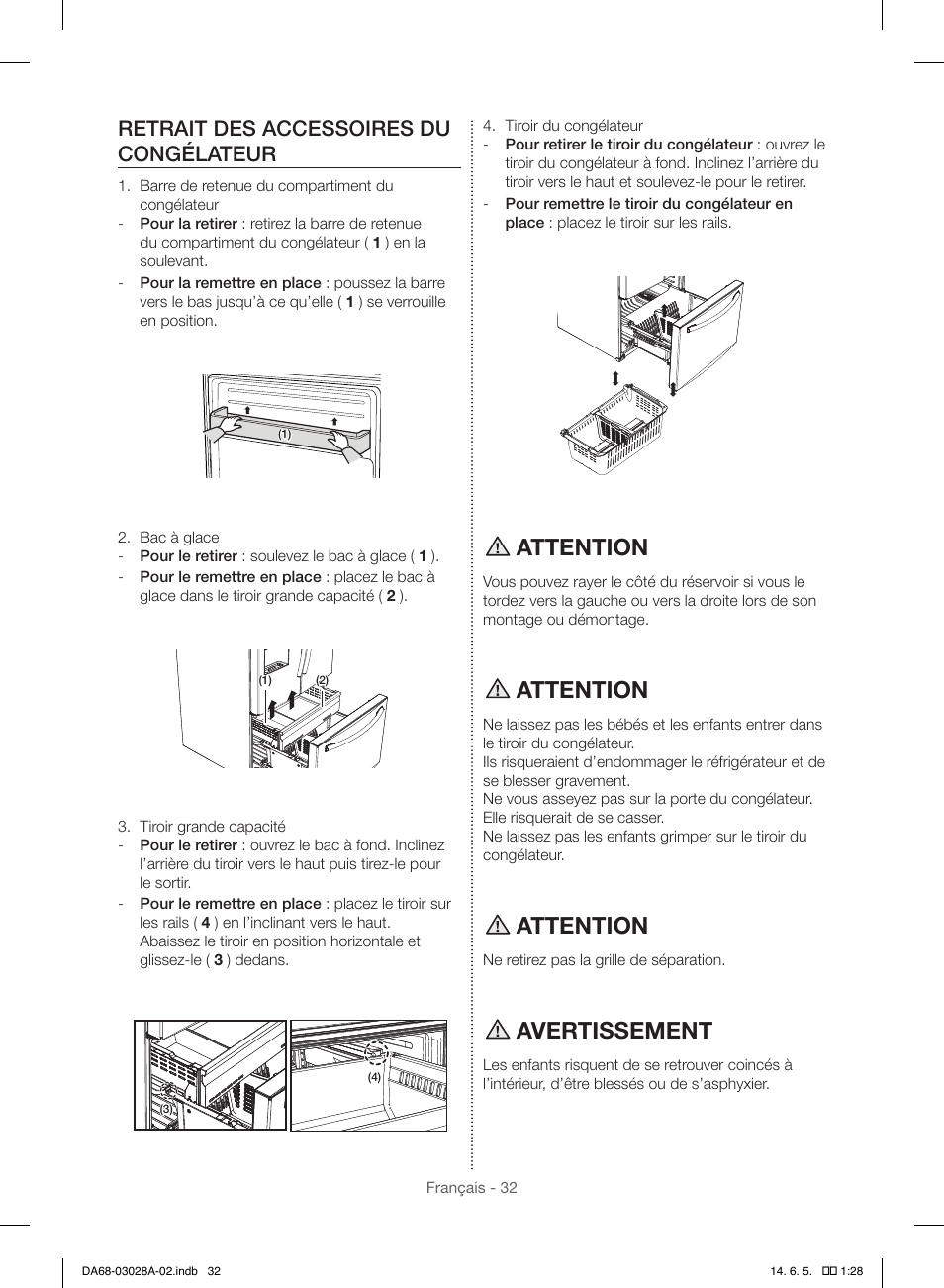 Attention, Avertissement, Retrait des accessoires du congélateur | Samsung RF30HDEDTSR-AA User Manual | Page 116 / 124