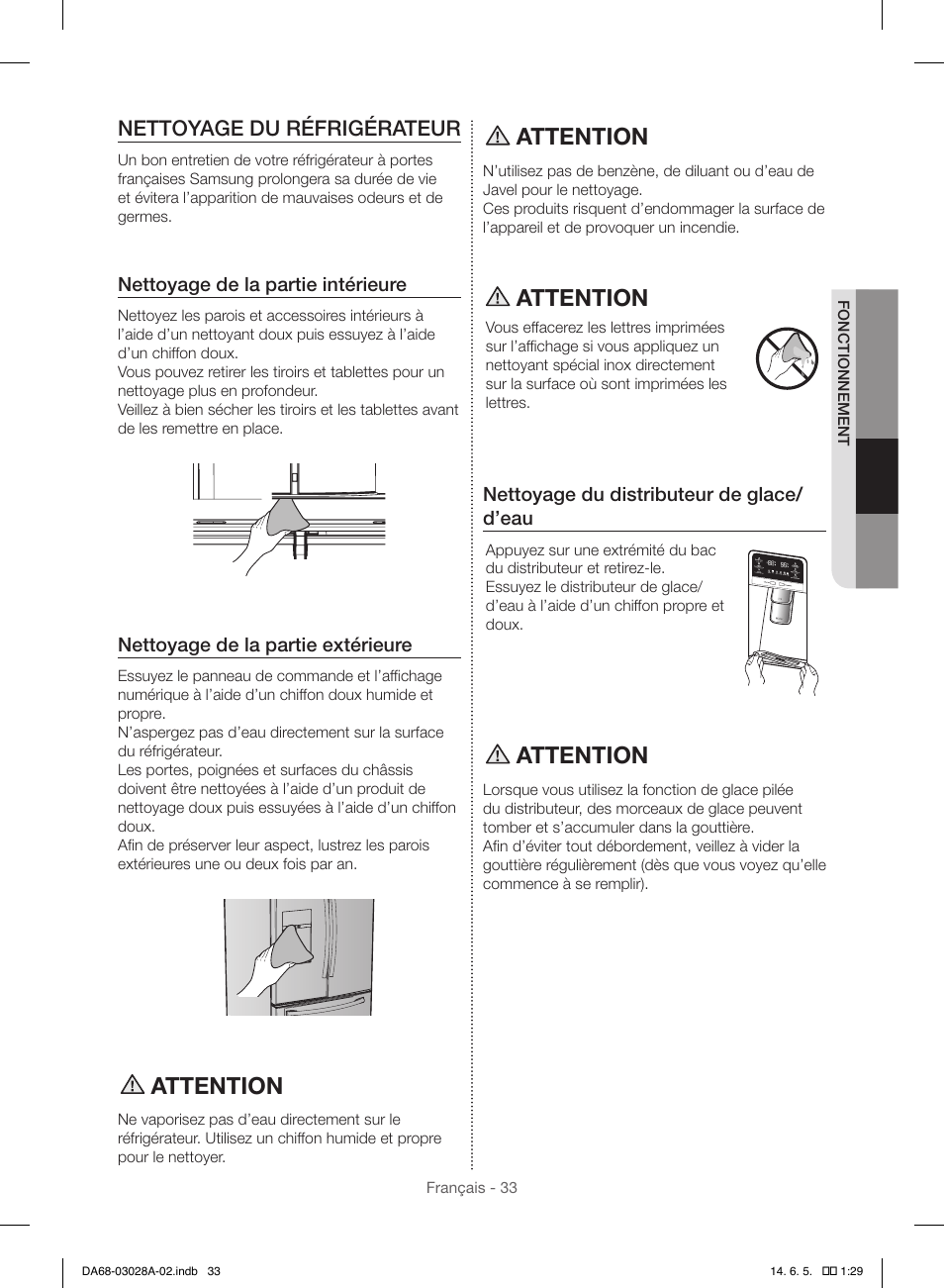 Attention, Nettoyage du réfrigérateur | Samsung RF30HDEDTSR-AA User Manual | Page 117 / 124