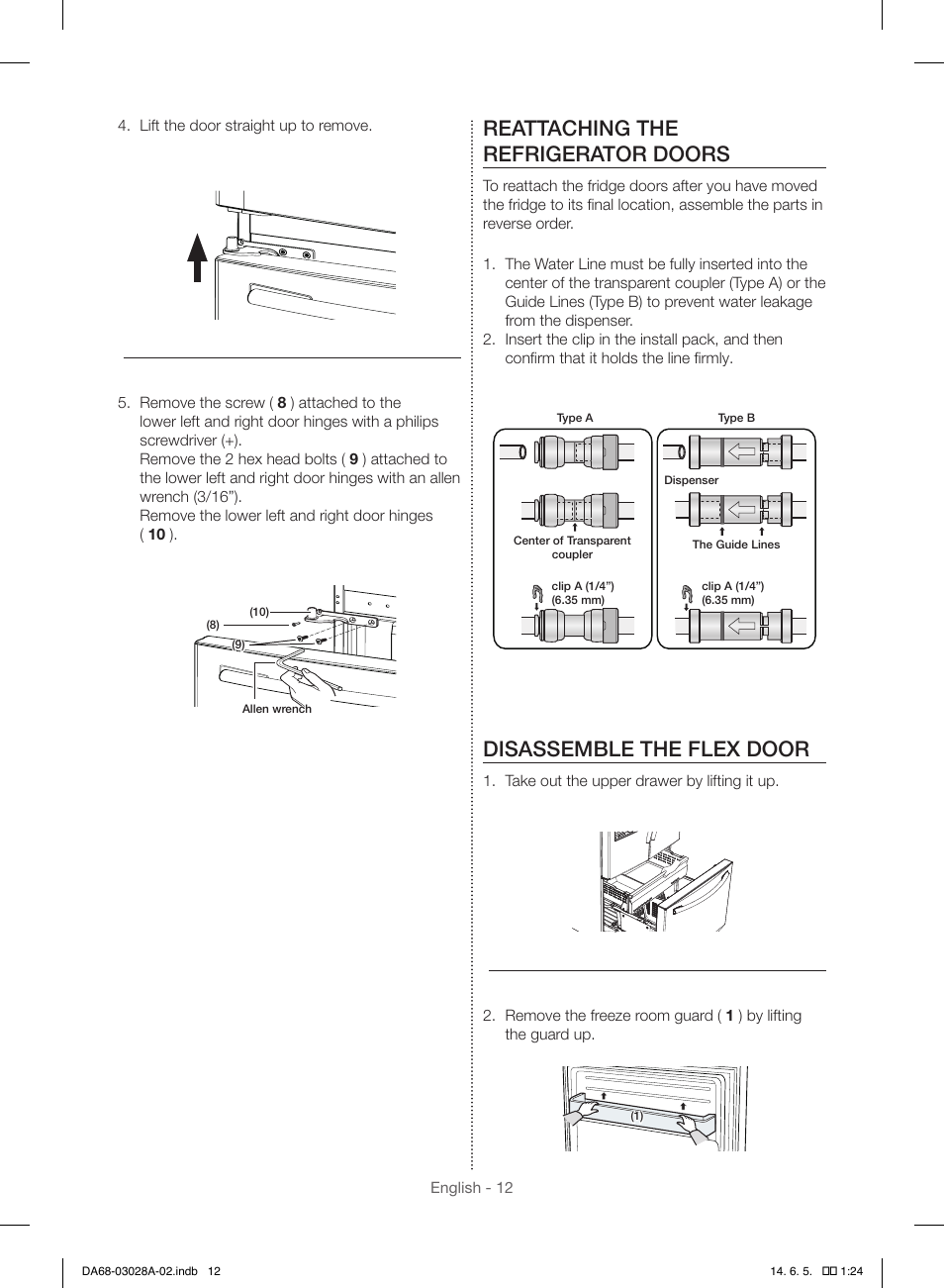 Reattaching the refrigerator doors, Disassemble the flex door | Samsung RF30HDEDTSR-AA User Manual | Page 12 / 124