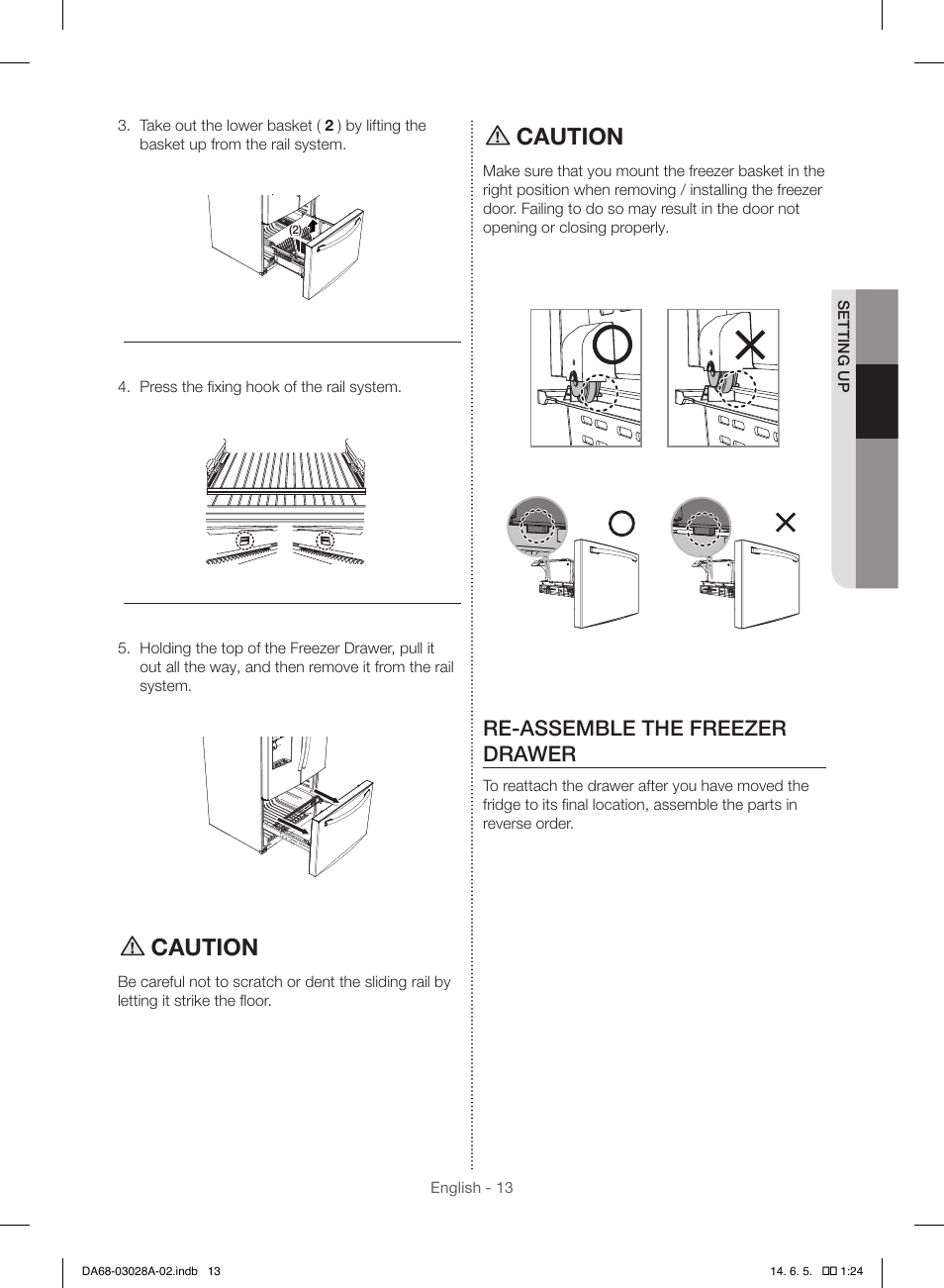 Caution, Re-assemble the freezer drawer | Samsung RF30HDEDTSR-AA User Manual | Page 13 / 124