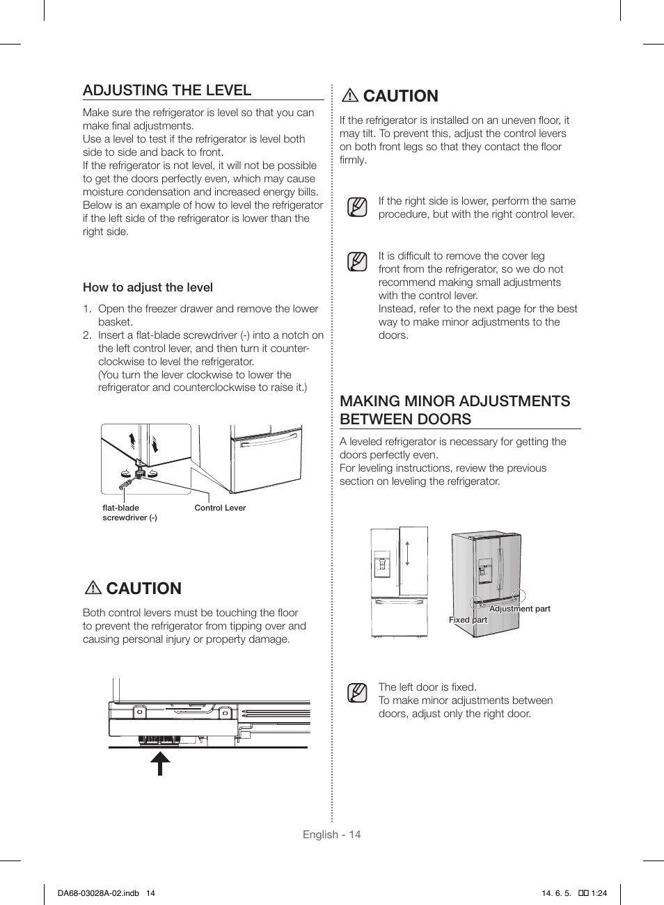 Caution, Adjusting the level, Making minor adjustments between doors | Samsung RF30HDEDTSR-AA User Manual | Page 14 / 124