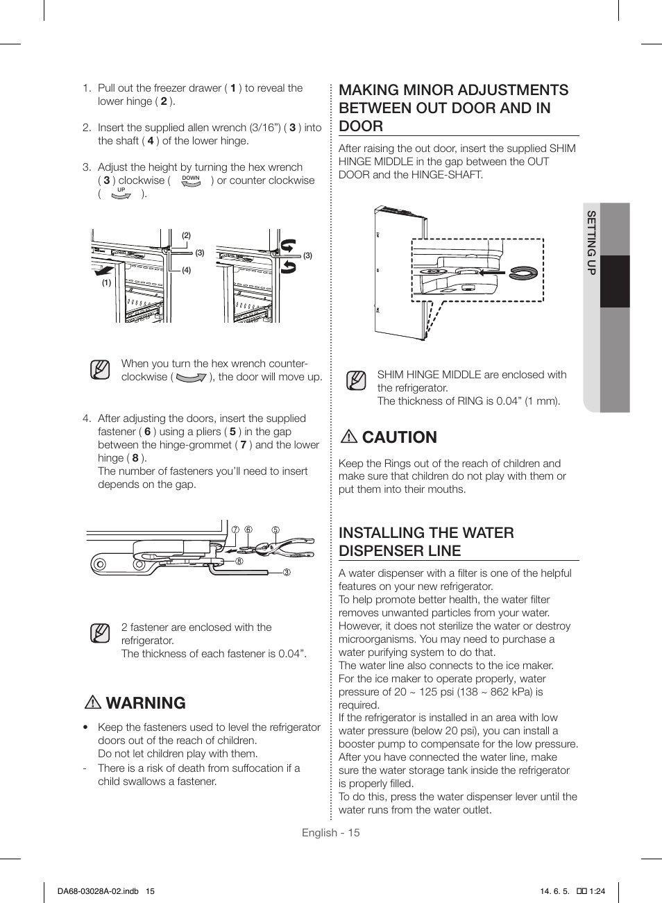 Warning, Caution, Installing the water dispenser line | Samsung RF30HDEDTSR-AA User Manual | Page 15 / 124