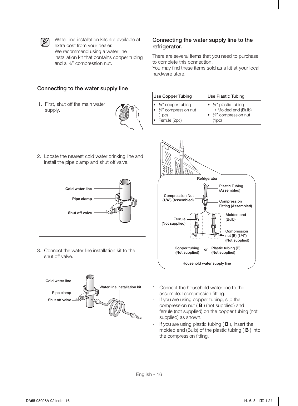 Connecting to the water supply line | Samsung RF30HDEDTSR-AA User Manual | Page 16 / 124