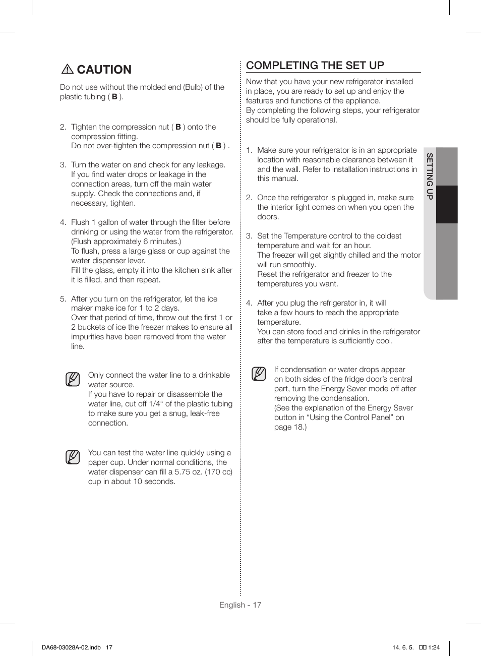 Caution, Completing the set up | Samsung RF30HDEDTSR-AA User Manual | Page 17 / 124