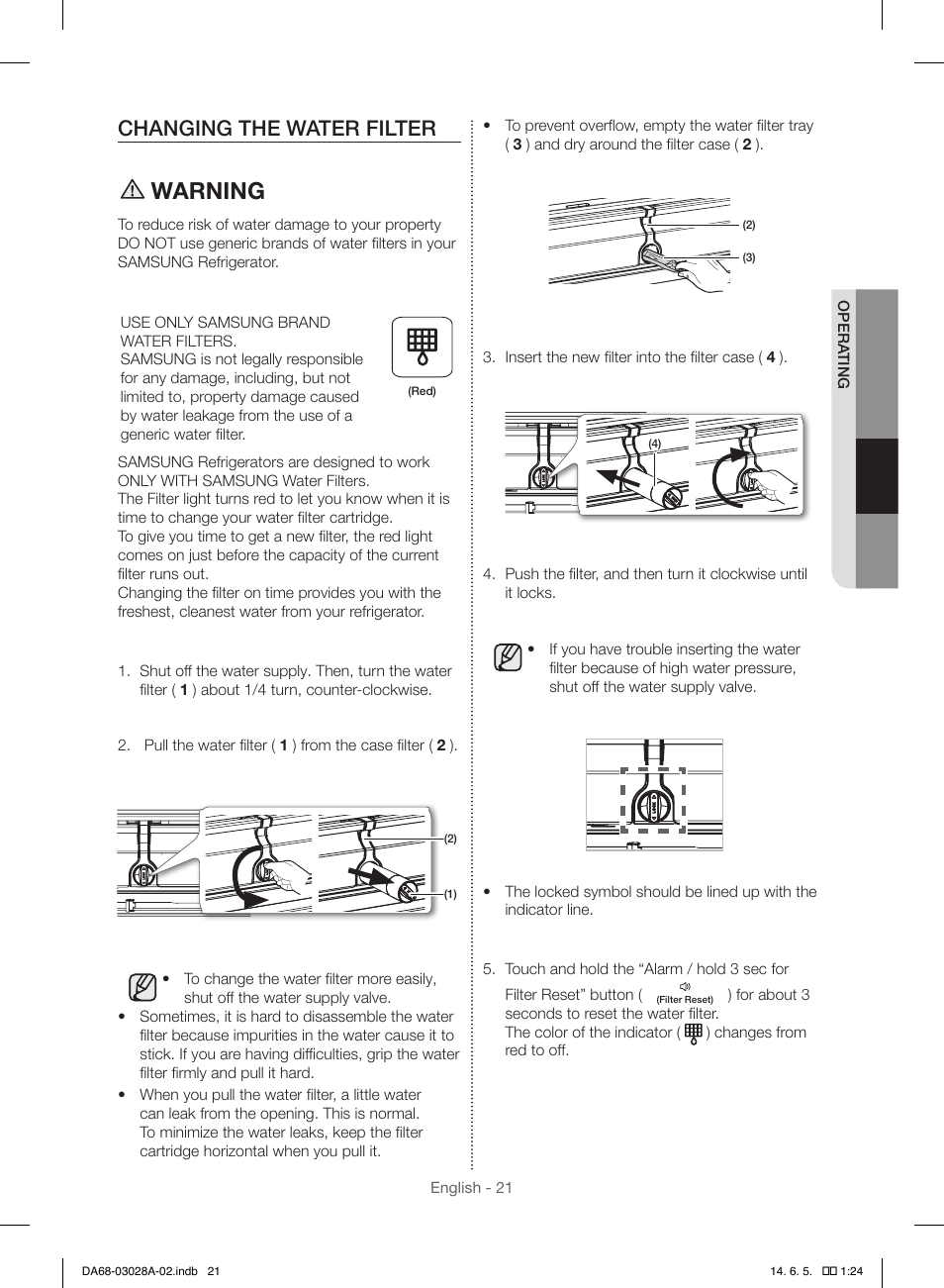 Warning, Changing the water filter | Samsung RF30HDEDTSR-AA User Manual | Page 21 / 124