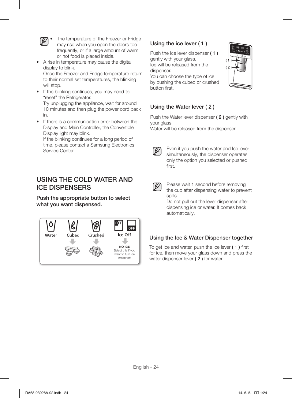 Using the cold water and ice dispensers | Samsung RF30HDEDTSR-AA User Manual | Page 24 / 124