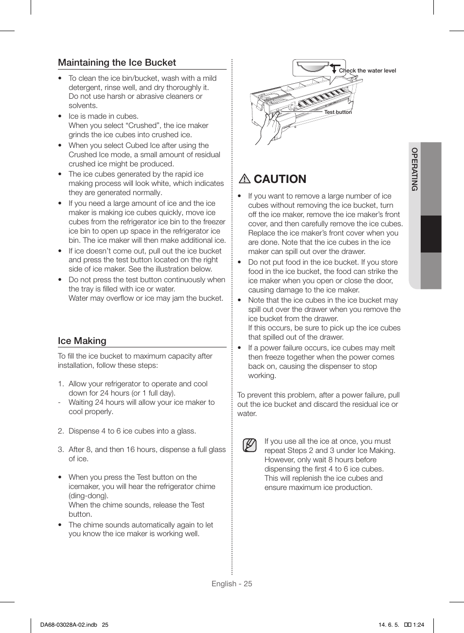 Caution, Maintaining the ice bucket, Ice making | Samsung RF30HDEDTSR-AA User Manual | Page 25 / 124