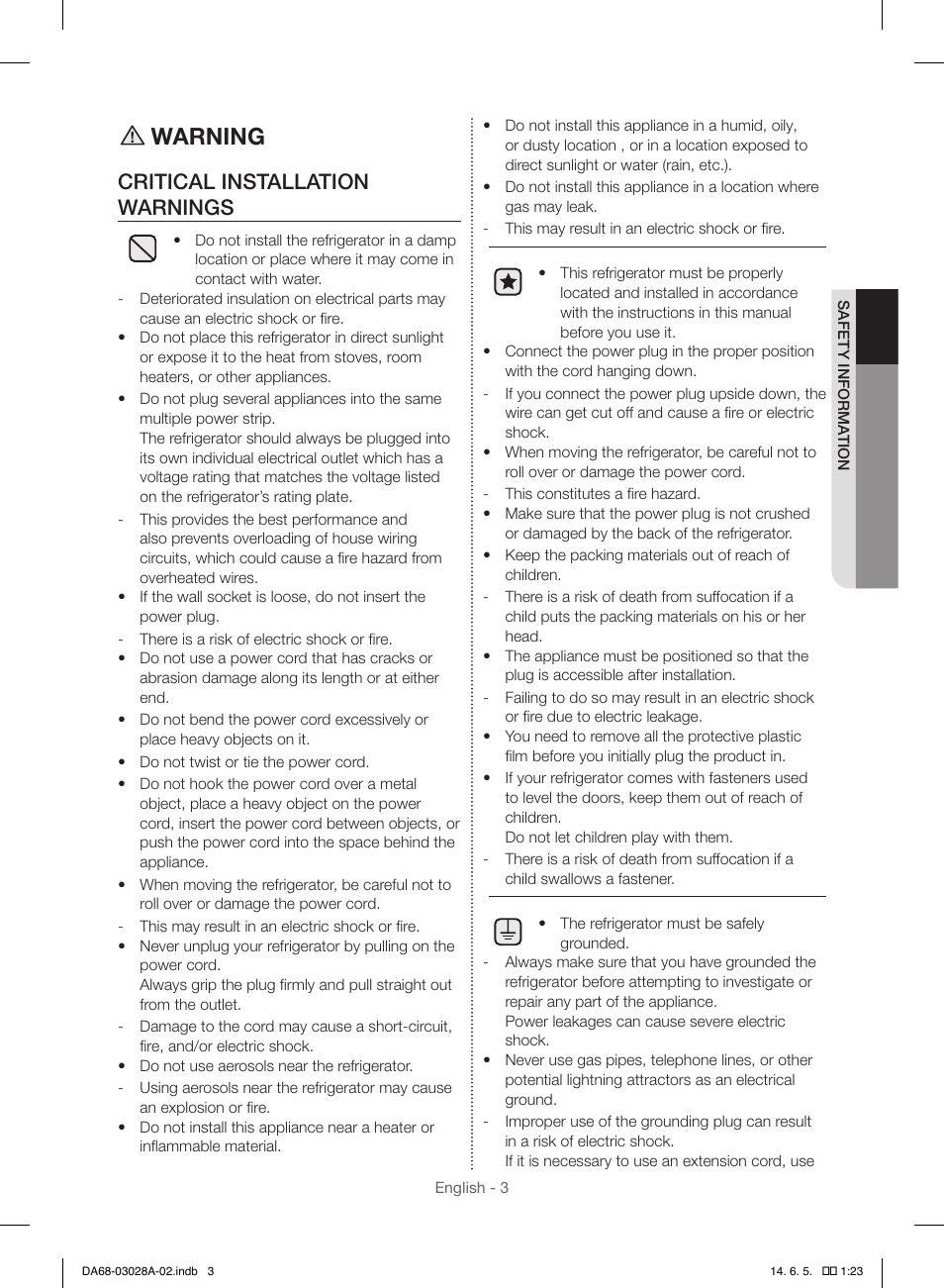 Warning, Critical installation warnings | Samsung RF30HDEDTSR-AA User Manual | Page 3 / 124