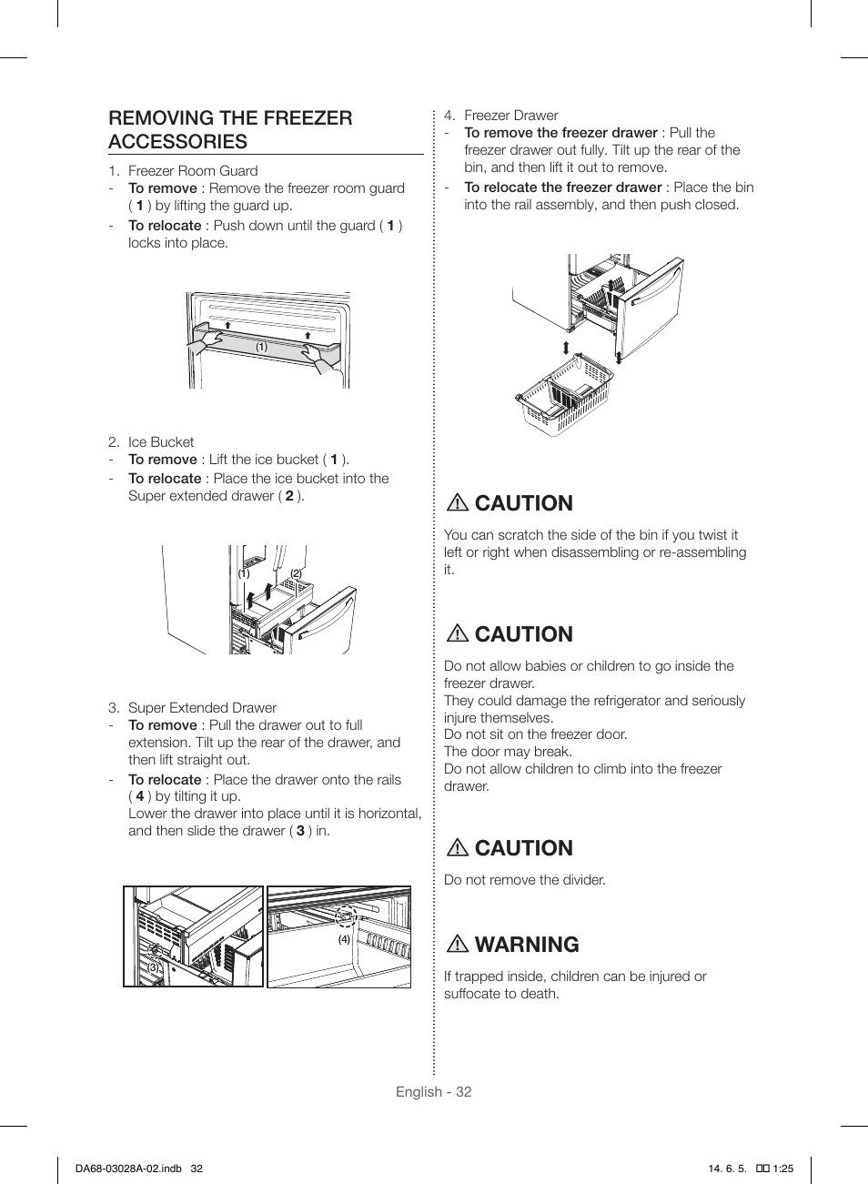 Caution, Warning, Removing the freezer accessories | Samsung RF30HDEDTSR-AA User Manual | Page 32 / 124