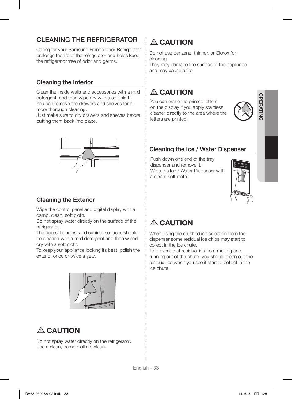 Caution, Cleaning the refrigerator | Samsung RF30HDEDTSR-AA User Manual | Page 33 / 124