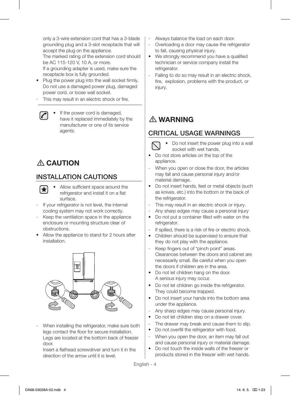 Caution, Warning, Installation cautions | Critical usage warnings | Samsung RF30HDEDTSR-AA User Manual | Page 4 / 124