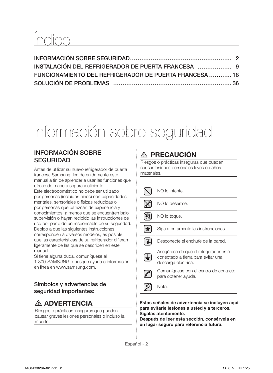 Información sobre seguridad, Índice, Advertencia | Precaución | Samsung RF30HDEDTSR-AA User Manual | Page 44 / 124