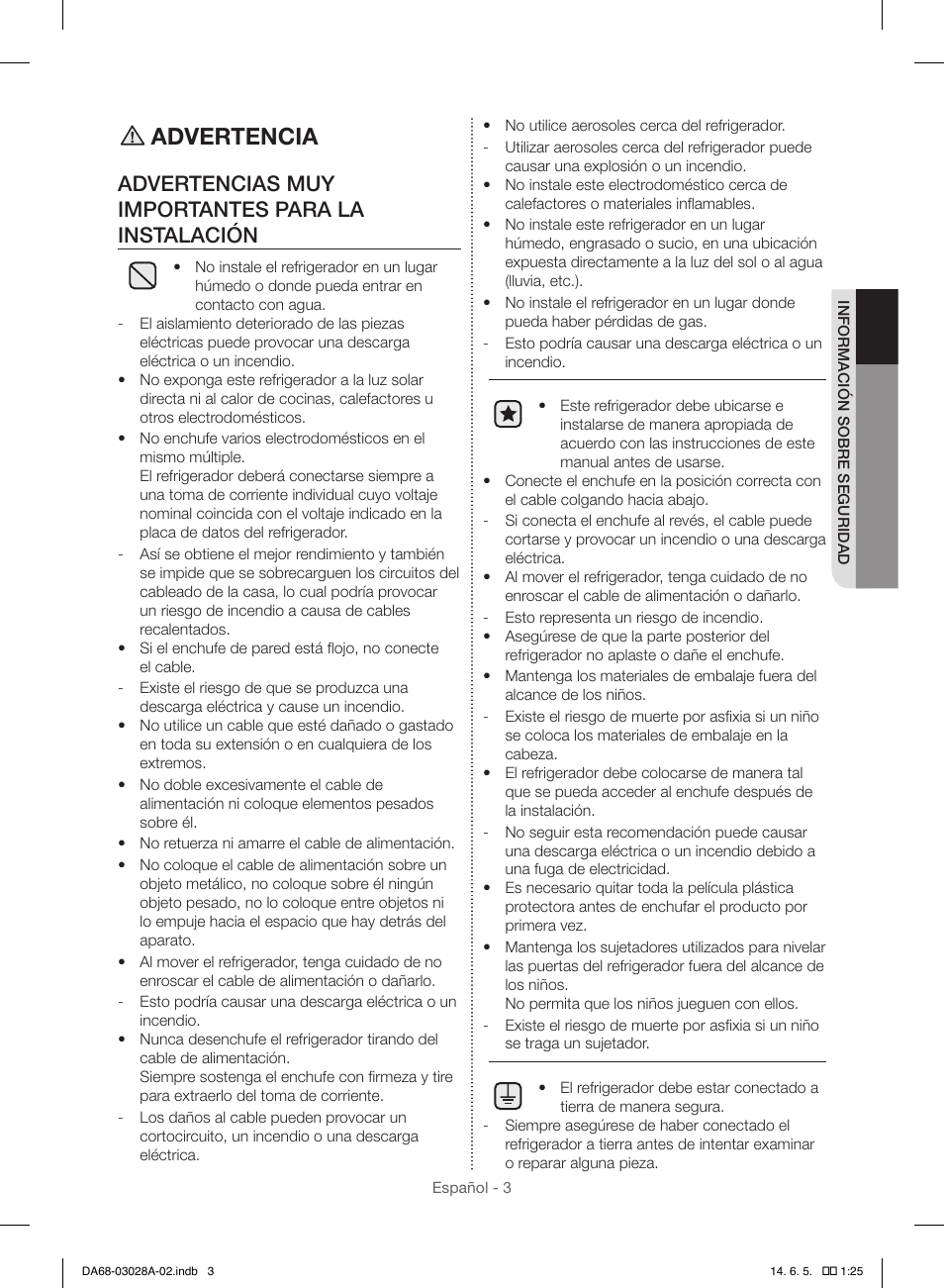 Advertencia, Advertencias muy importantes para la instalación | Samsung RF30HDEDTSR-AA User Manual | Page 45 / 124