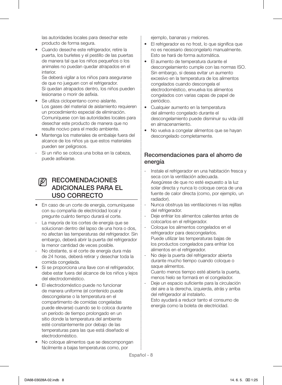 Recomendaciones adicionales para el uso correcto, Recomendaciones para el ahorro de energía | Samsung RF30HDEDTSR-AA User Manual | Page 50 / 124