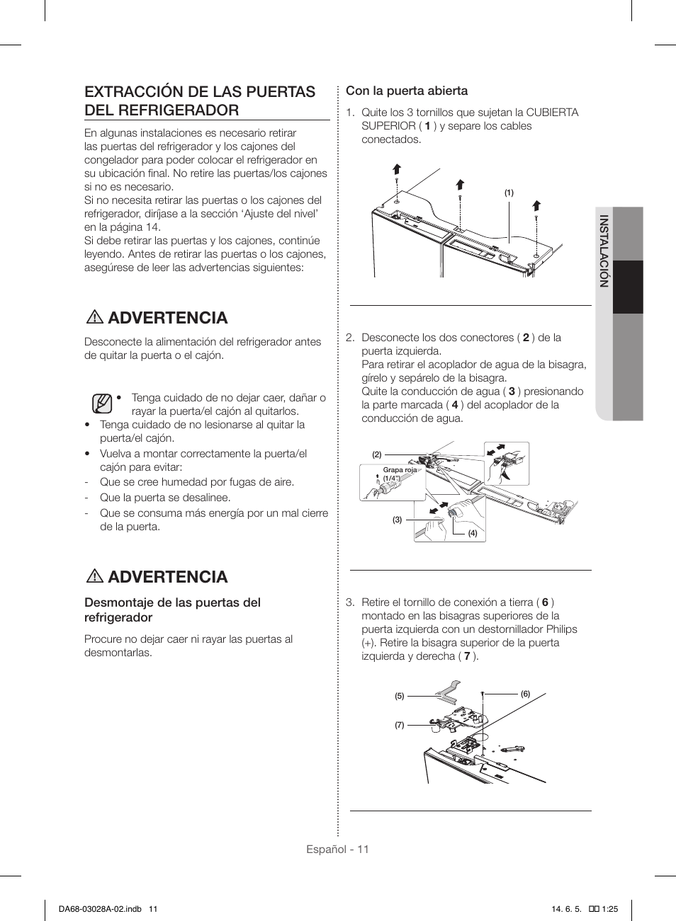 Advertencia, Extracción de las puertas del refrigerador | Samsung RF30HDEDTSR-AA User Manual | Page 53 / 124