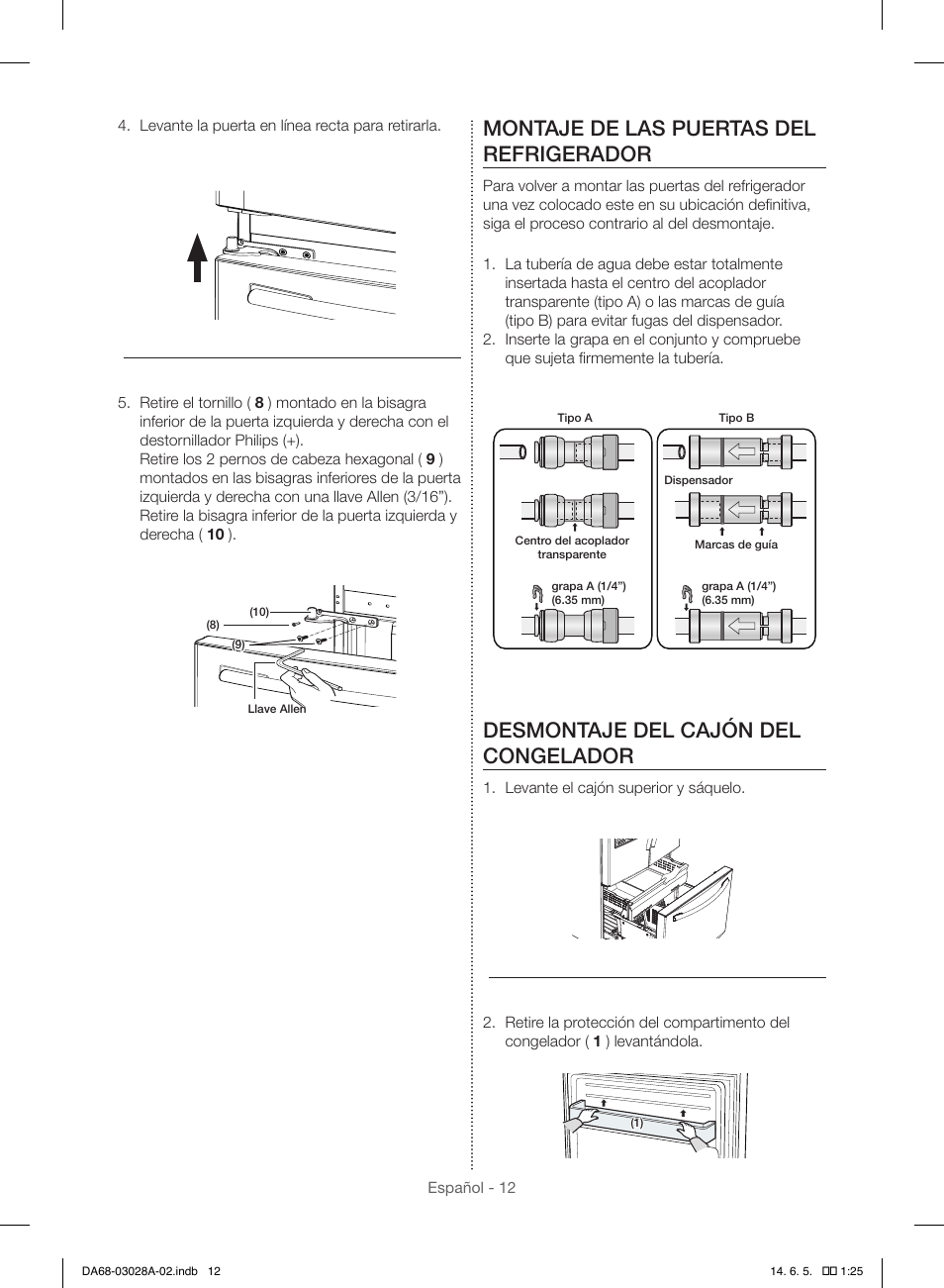 Montaje de las puertas del refrigerador, Desmontaje del cajón del congelador | Samsung RF30HDEDTSR-AA User Manual | Page 54 / 124