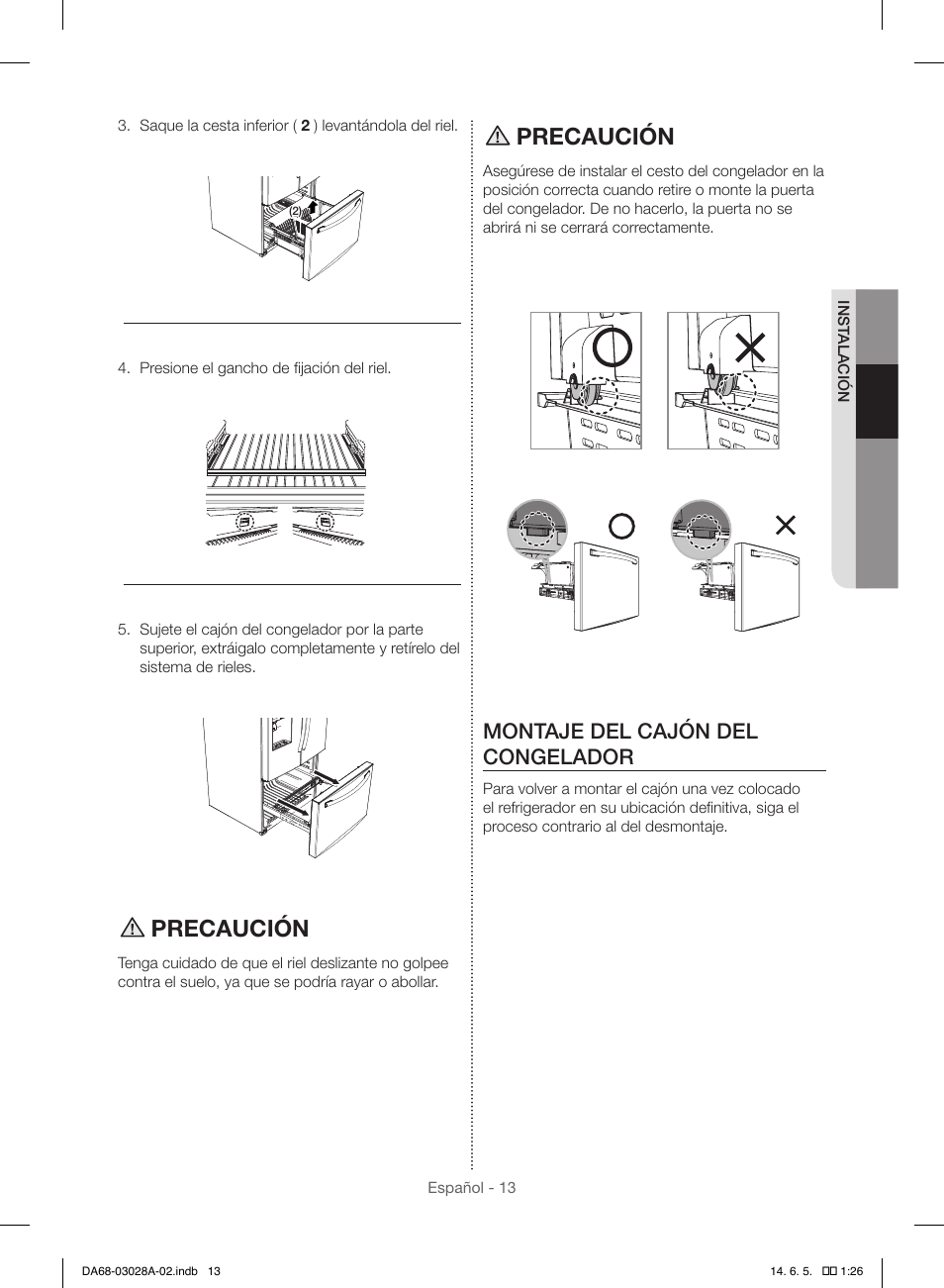 Precaución, Montaje del cajón del congelador | Samsung RF30HDEDTSR-AA User Manual | Page 55 / 124