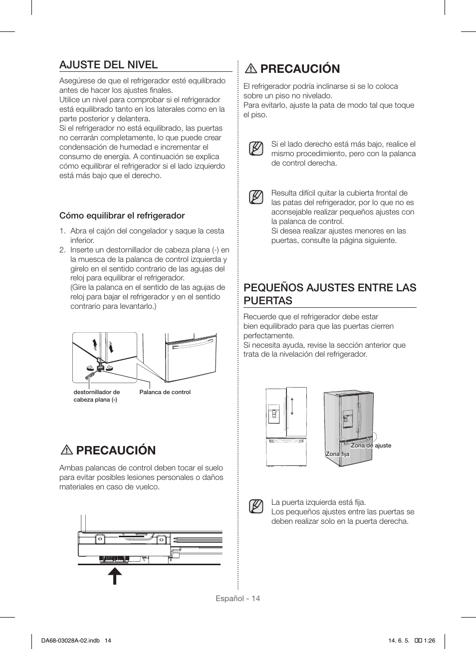 Precaución, Ajuste del nivel, Pequeños ajustes entre las puertas | Samsung RF30HDEDTSR-AA User Manual | Page 56 / 124