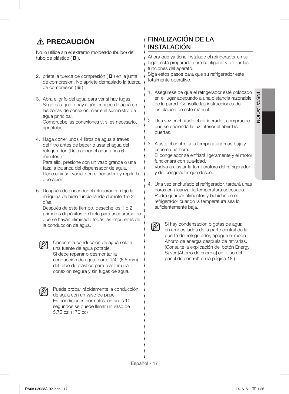 Precaución, Finalización de la instalación | Samsung RF30HDEDTSR-AA User Manual | Page 59 / 124