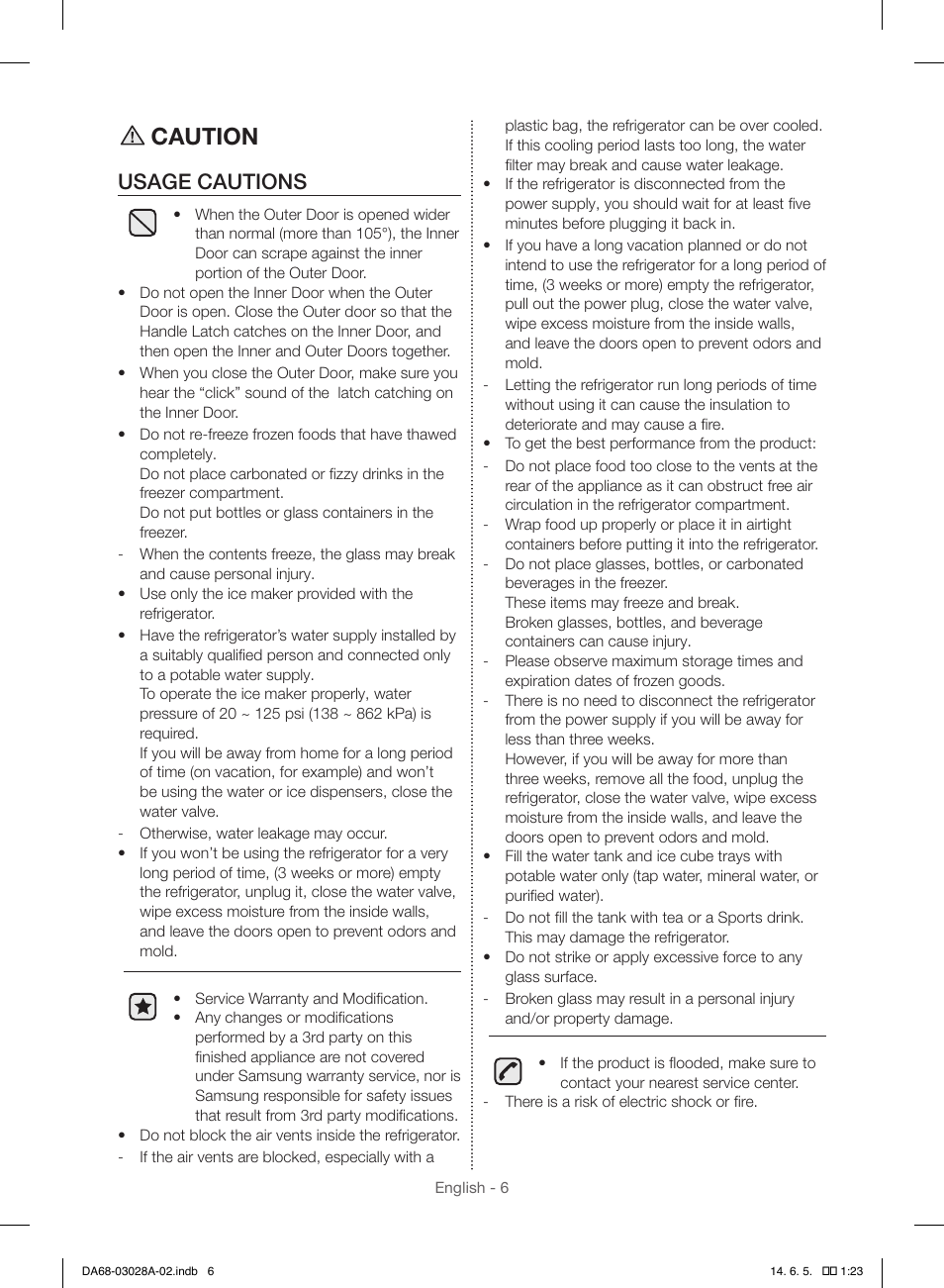 Caution, Usage cautions | Samsung RF30HDEDTSR-AA User Manual | Page 6 / 124