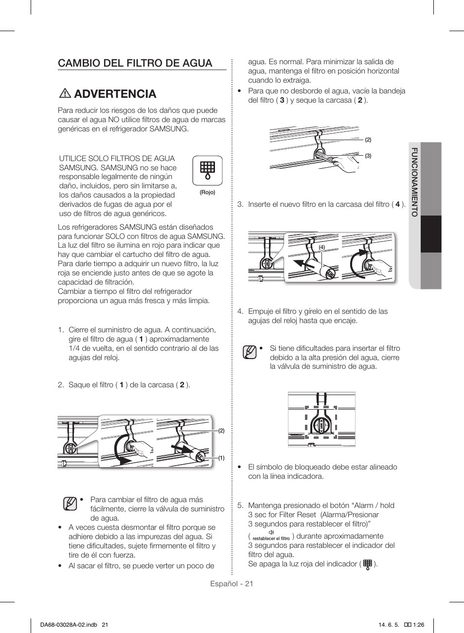 Advertencia, Cambio del filtro de agua | Samsung RF30HDEDTSR-AA User Manual | Page 63 / 124