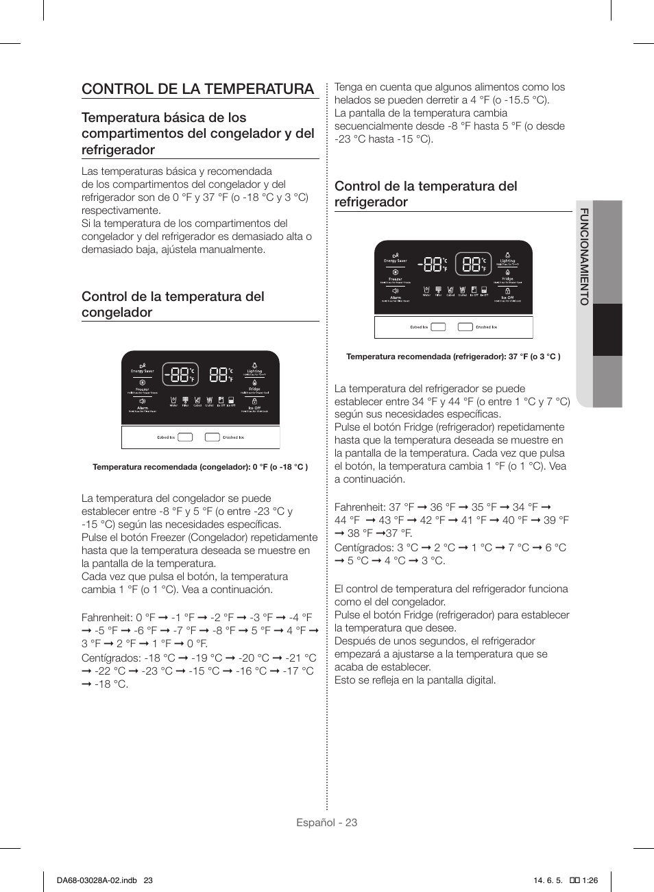 Control de la temperatura, Control de la temperatura del congelador, Control de la temperatura del refrigerador | Samsung RF30HDEDTSR-AA User Manual | Page 65 / 124