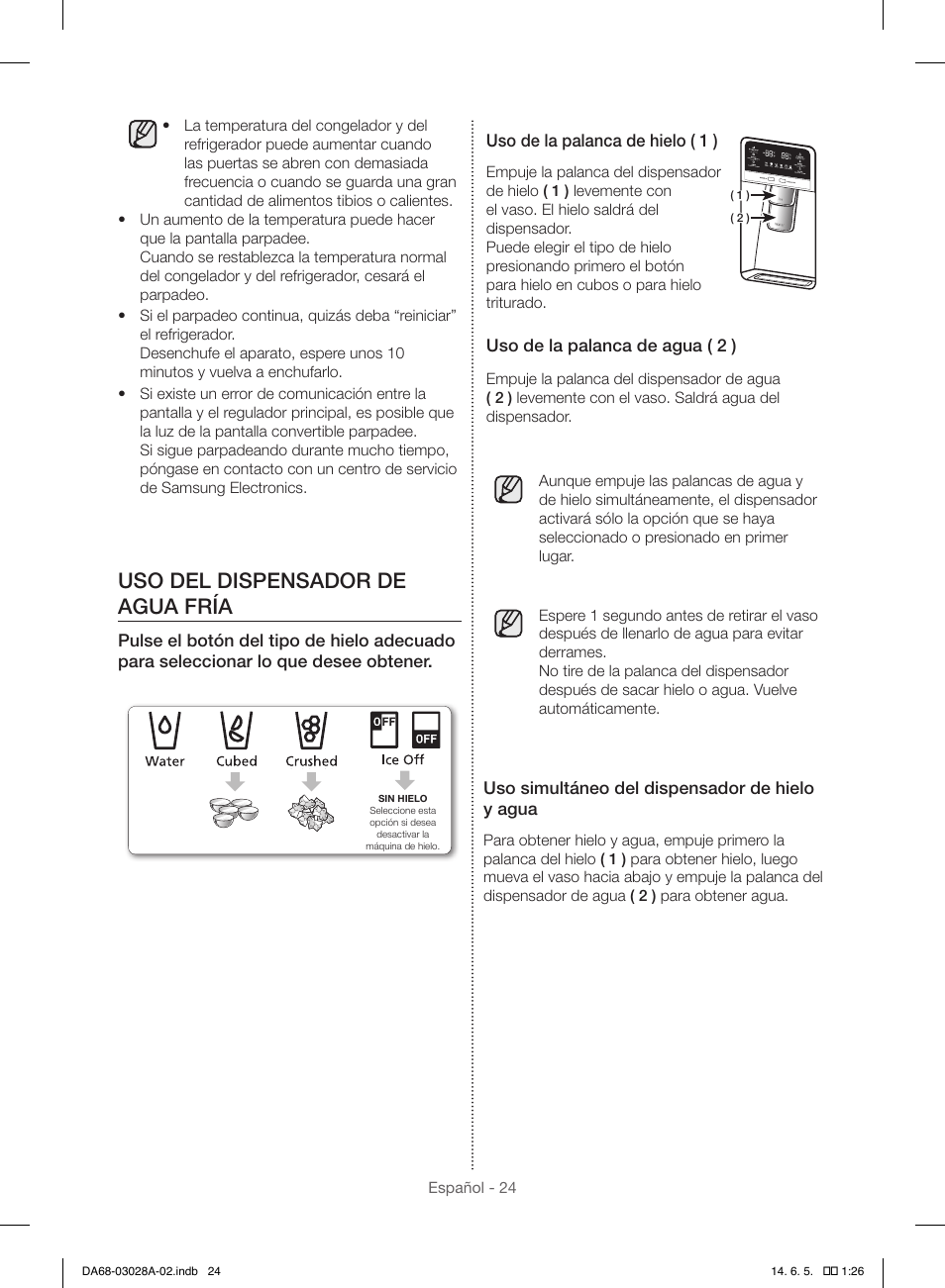 Uso del dispensador de agua fría | Samsung RF30HDEDTSR-AA User Manual | Page 66 / 124