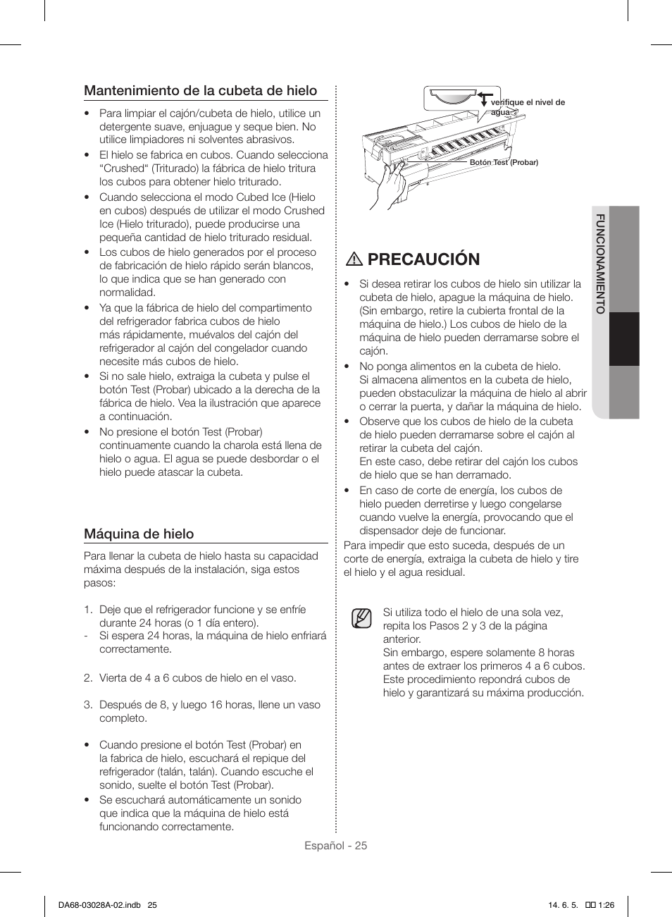 Precaución, Mantenimiento de la cubeta de hielo, Máquina de hielo | Samsung RF30HDEDTSR-AA User Manual | Page 67 / 124