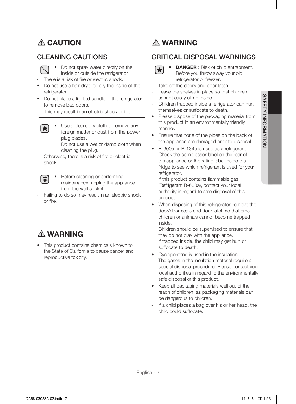 Caution, Warning, Cleaning cautions | Critical disposal warnings | Samsung RF30HDEDTSR-AA User Manual | Page 7 / 124