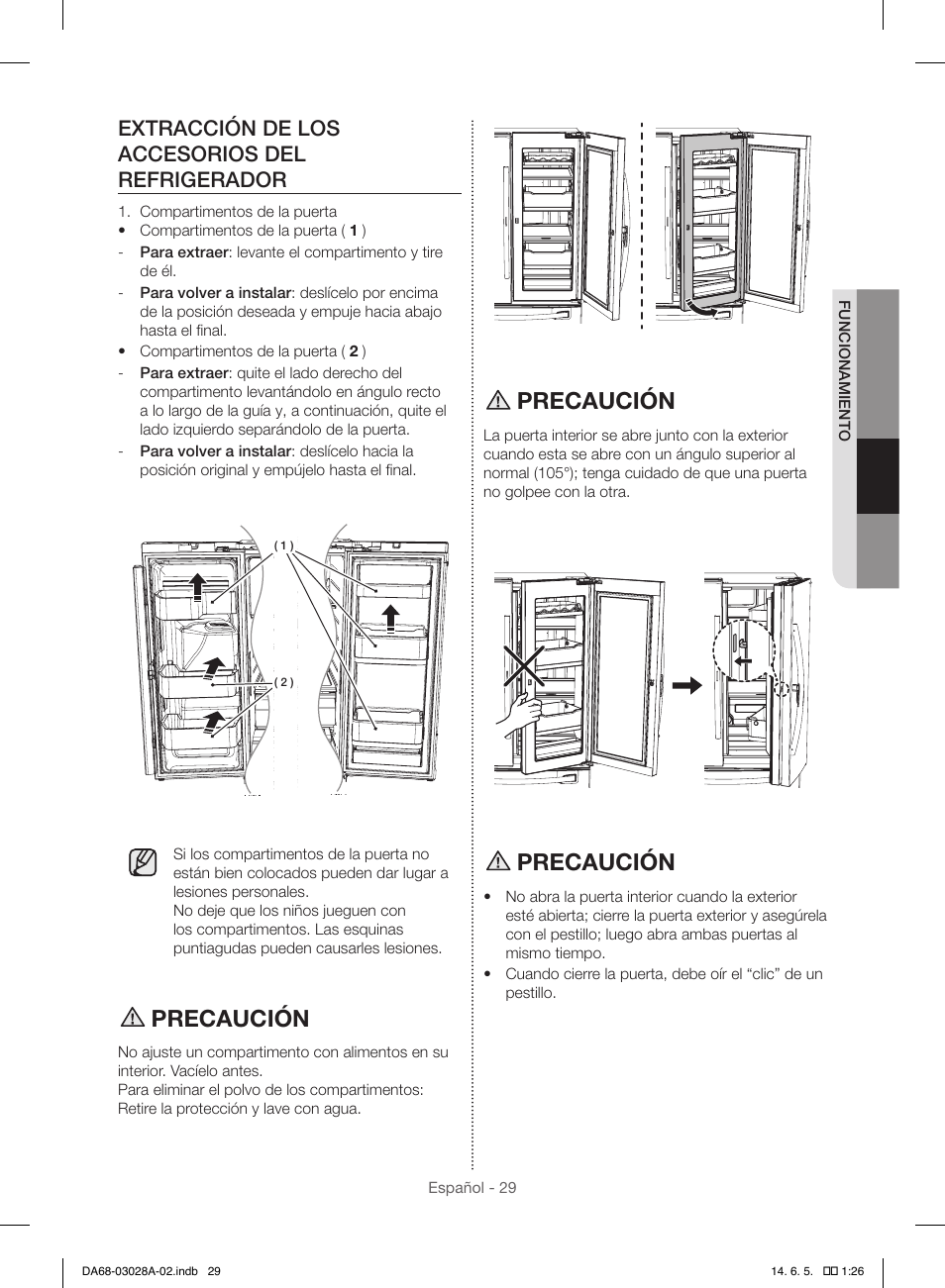 Precaución, Extracción de los accesorios del refrigerador | Samsung RF30HDEDTSR-AA User Manual | Page 71 / 124