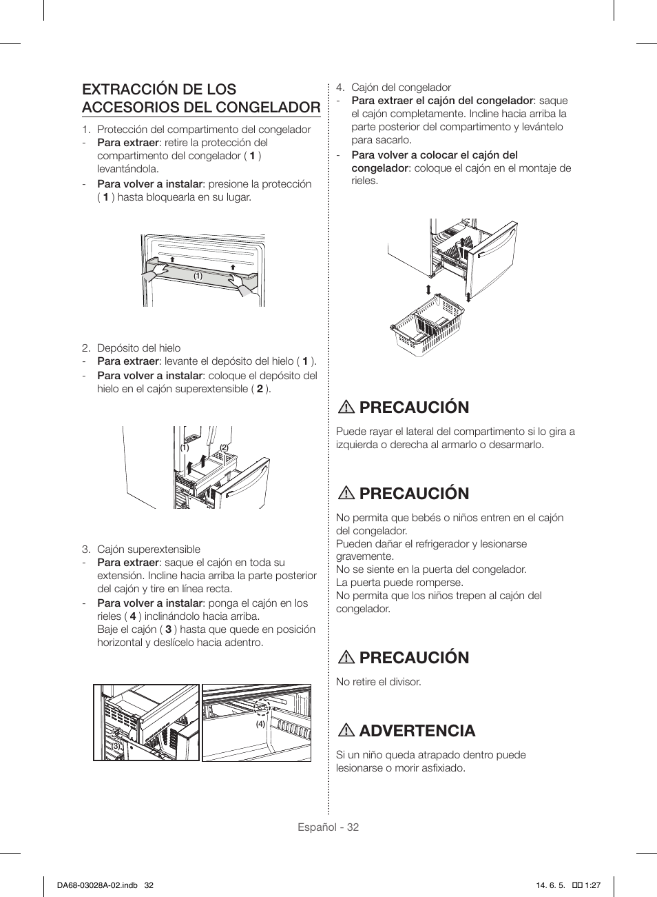 Precaución, Advertencia, Extracción de los accesorios del congelador | Samsung RF30HDEDTSR-AA User Manual | Page 74 / 124