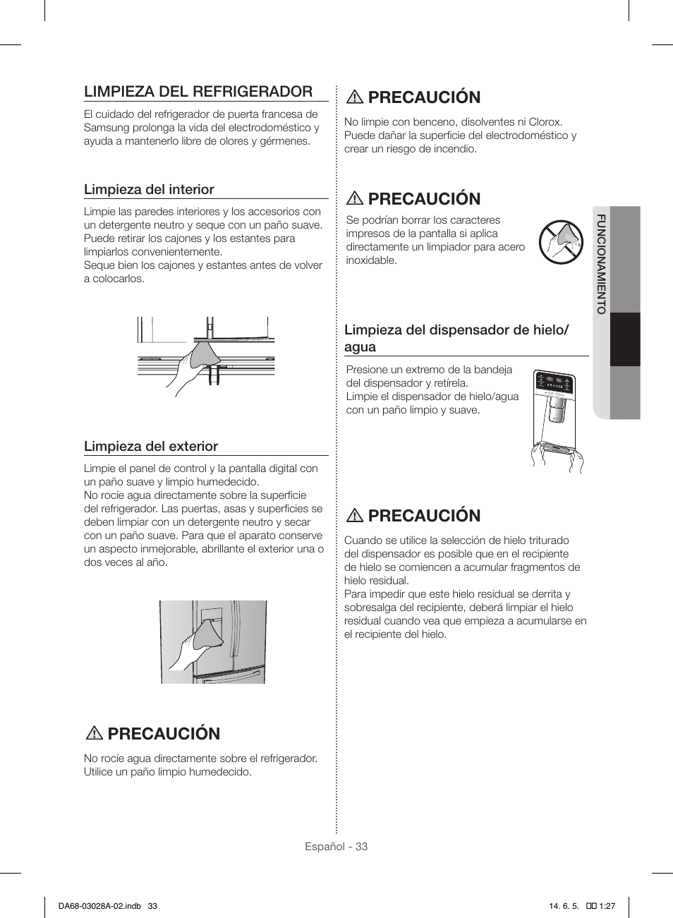 Precaución, Limpieza del refrigerador | Samsung RF30HDEDTSR-AA User Manual | Page 75 / 124