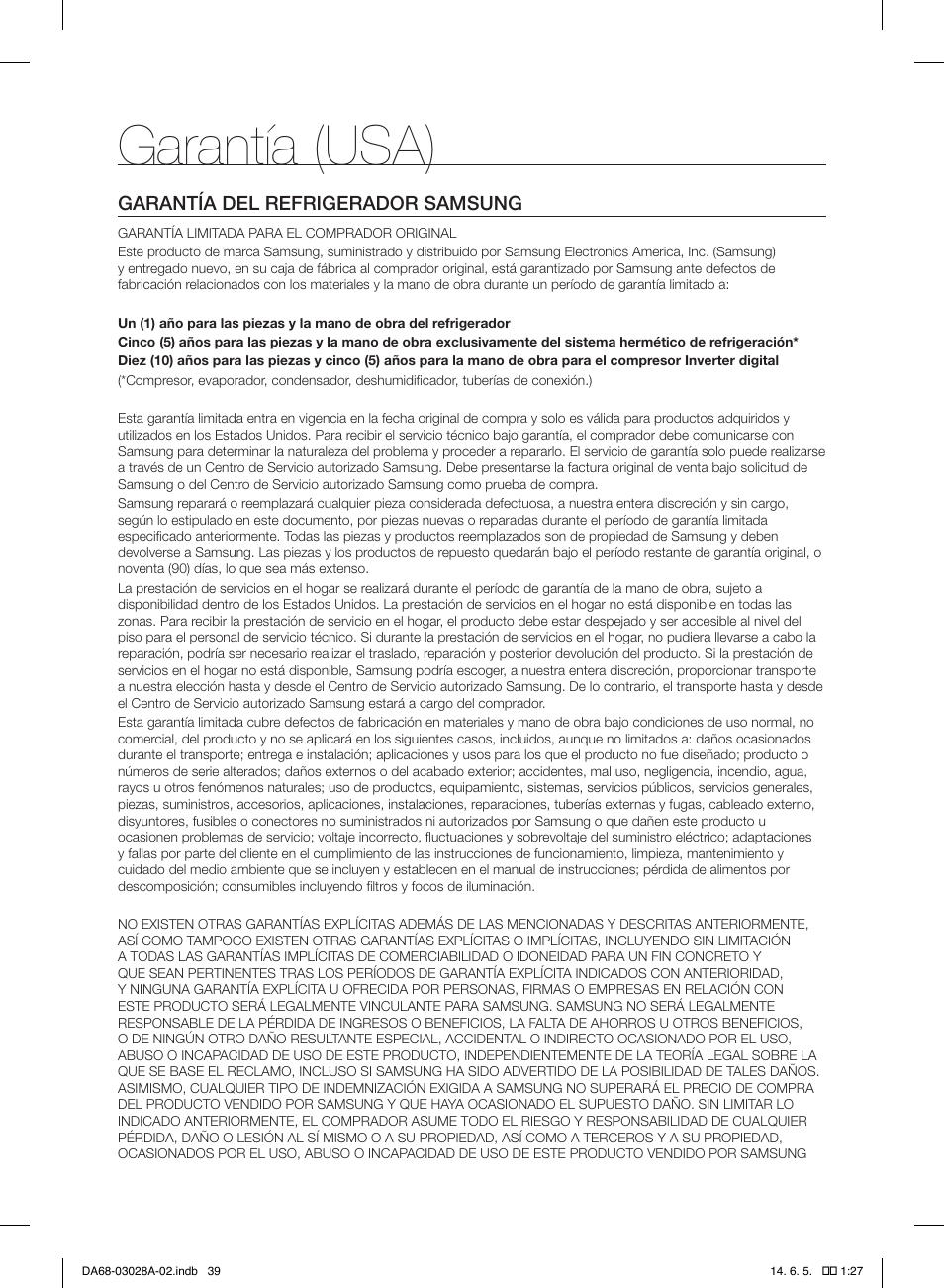 Garantía (usa) | Samsung RF30HDEDTSR-AA User Manual | Page 81 / 124