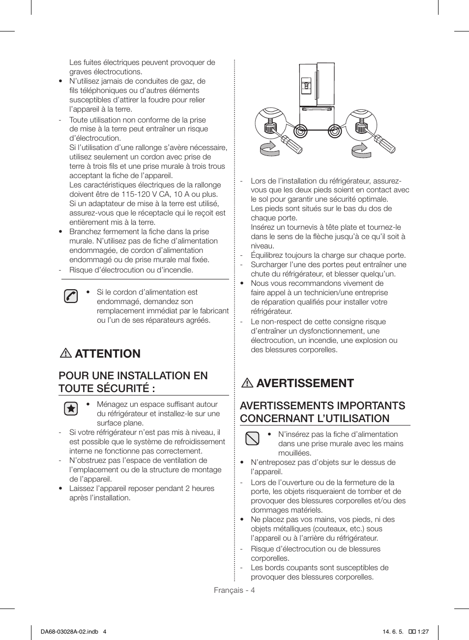 Attention, Avertissement, Pour une installation en toute sécurité | Avertissements importants concernant l’utilisation | Samsung RF30HDEDTSR-AA User Manual | Page 88 / 124