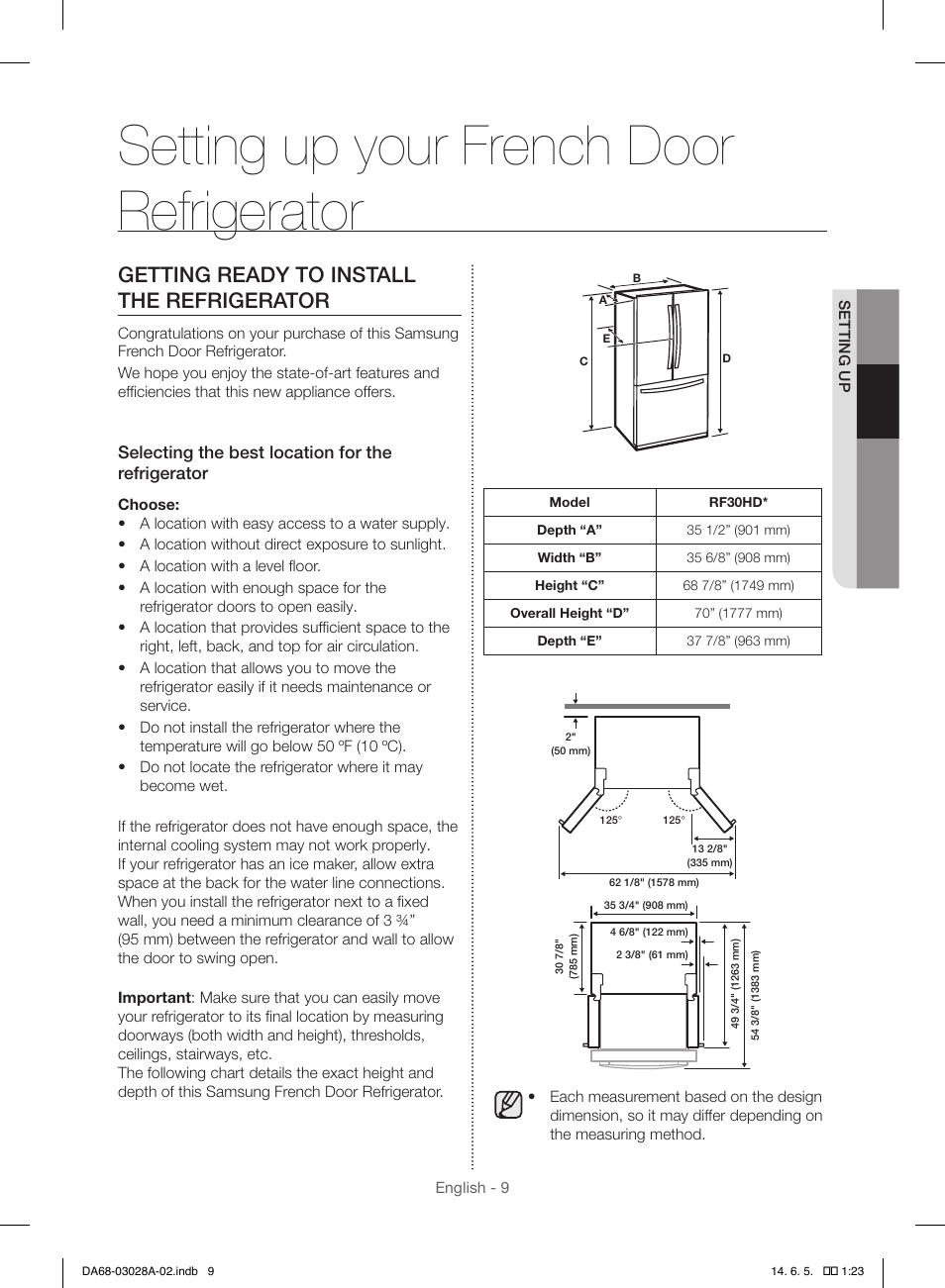 Setting up your french door refrigerator, Getting ready to install the refrigerator, Selecting the best location for the refrigerator | Samsung RF30HDEDTSR-AA User Manual | Page 9 / 124