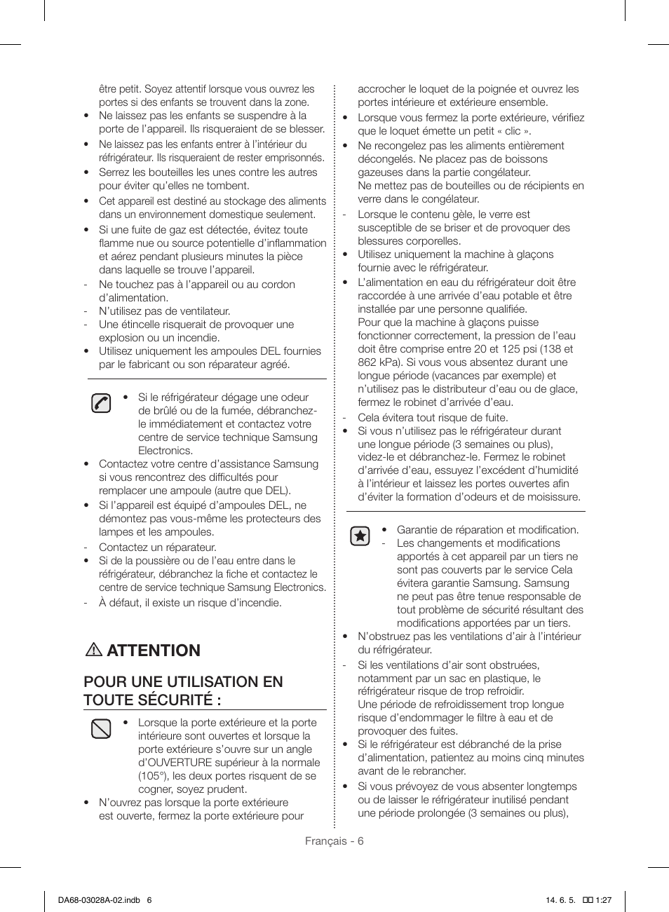 Attention, Pour une utilisation en toute sécurité | Samsung RF30HDEDTSR-AA User Manual | Page 90 / 124